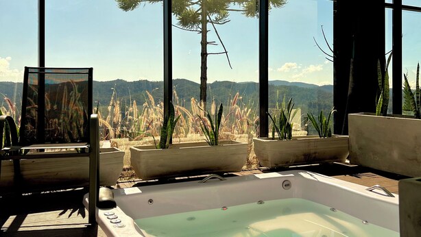 Un'area benessere con vasca idromassaggio, ampie finestre e piante in vaso.