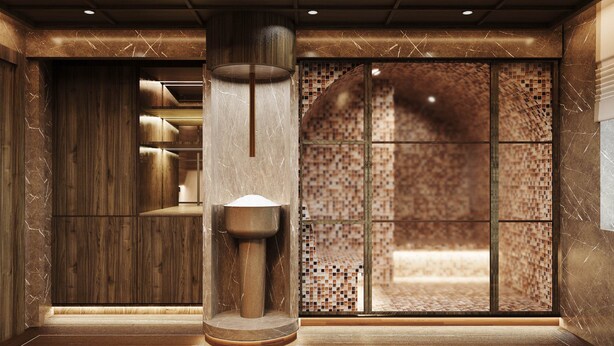 Ein modernes Interieur mit Holzboden, einer zentralen Säule und einer Wand mit Muster.