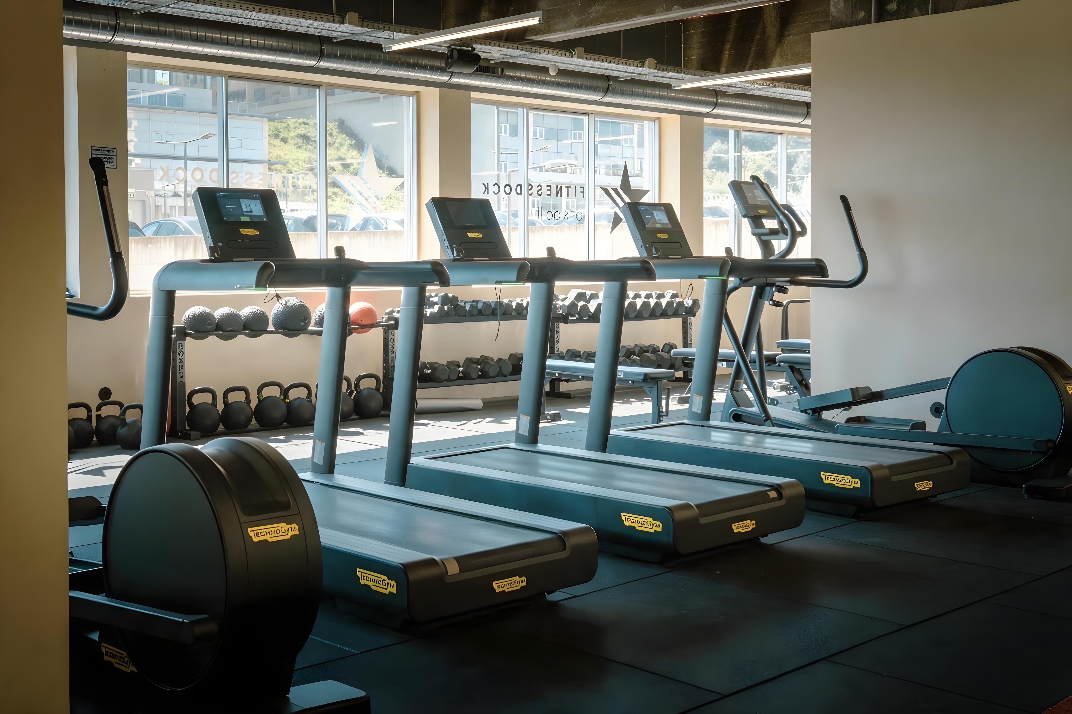 Een sportschool met loopbanden, gewichten en fitnessapparatuur.