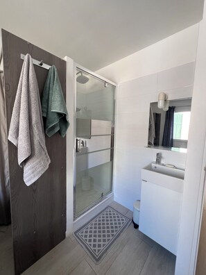 Hair dryer, towels, soap, toilet paper