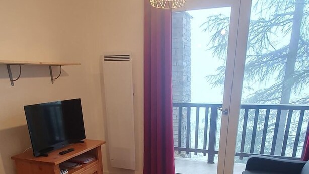 Un salon avec un plancher en bois, un téléviseur posé sur un meuble en bois, une table en bois, un canapé et un balcon donnant sur des arbres.