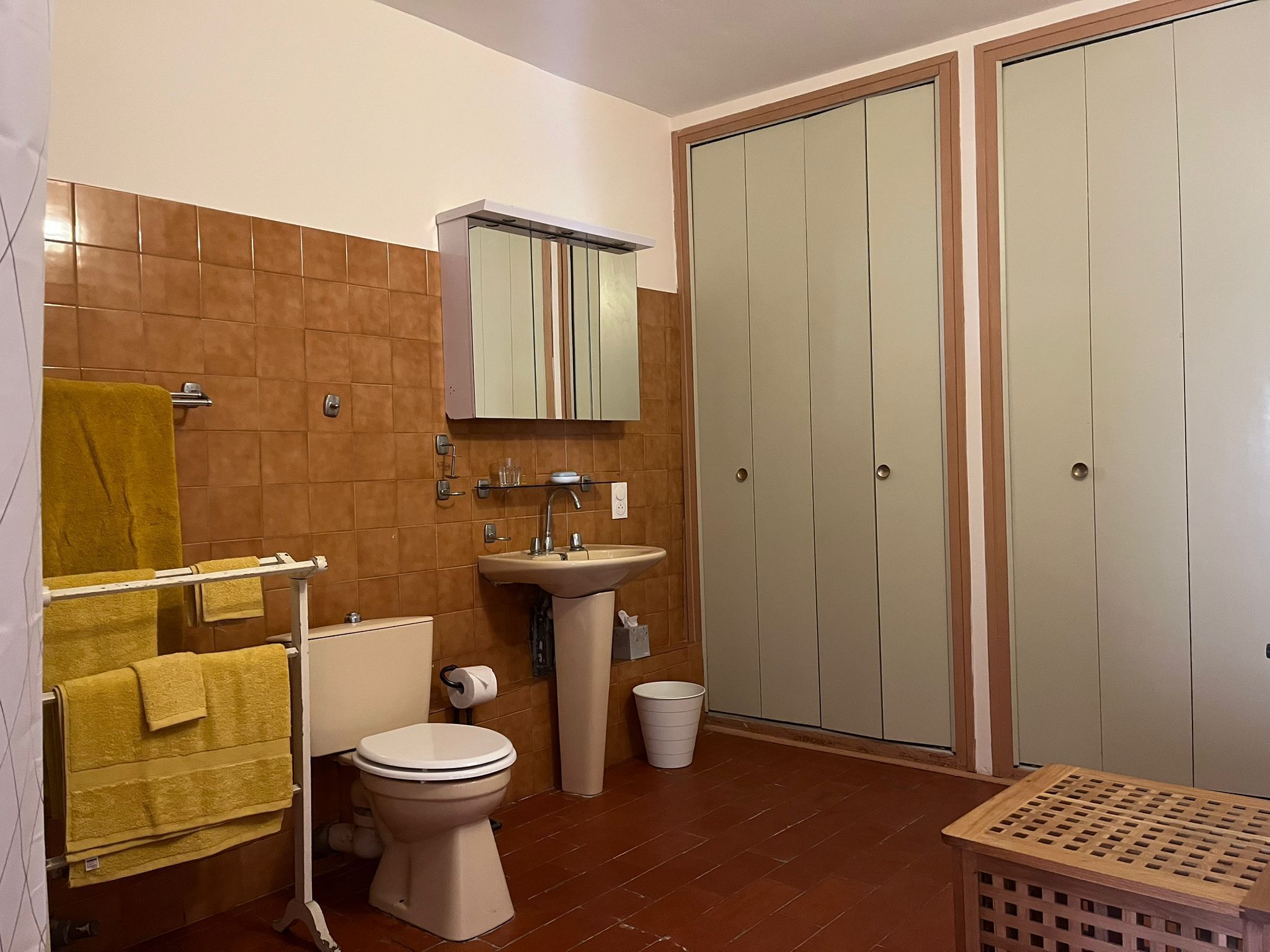A bathroom with a toilet, sink, towel rack, and a large wardrobe.