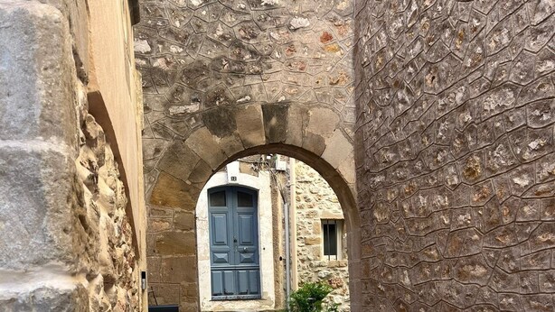 A narrow stone pathway leading to a building with a blue door and a window.
