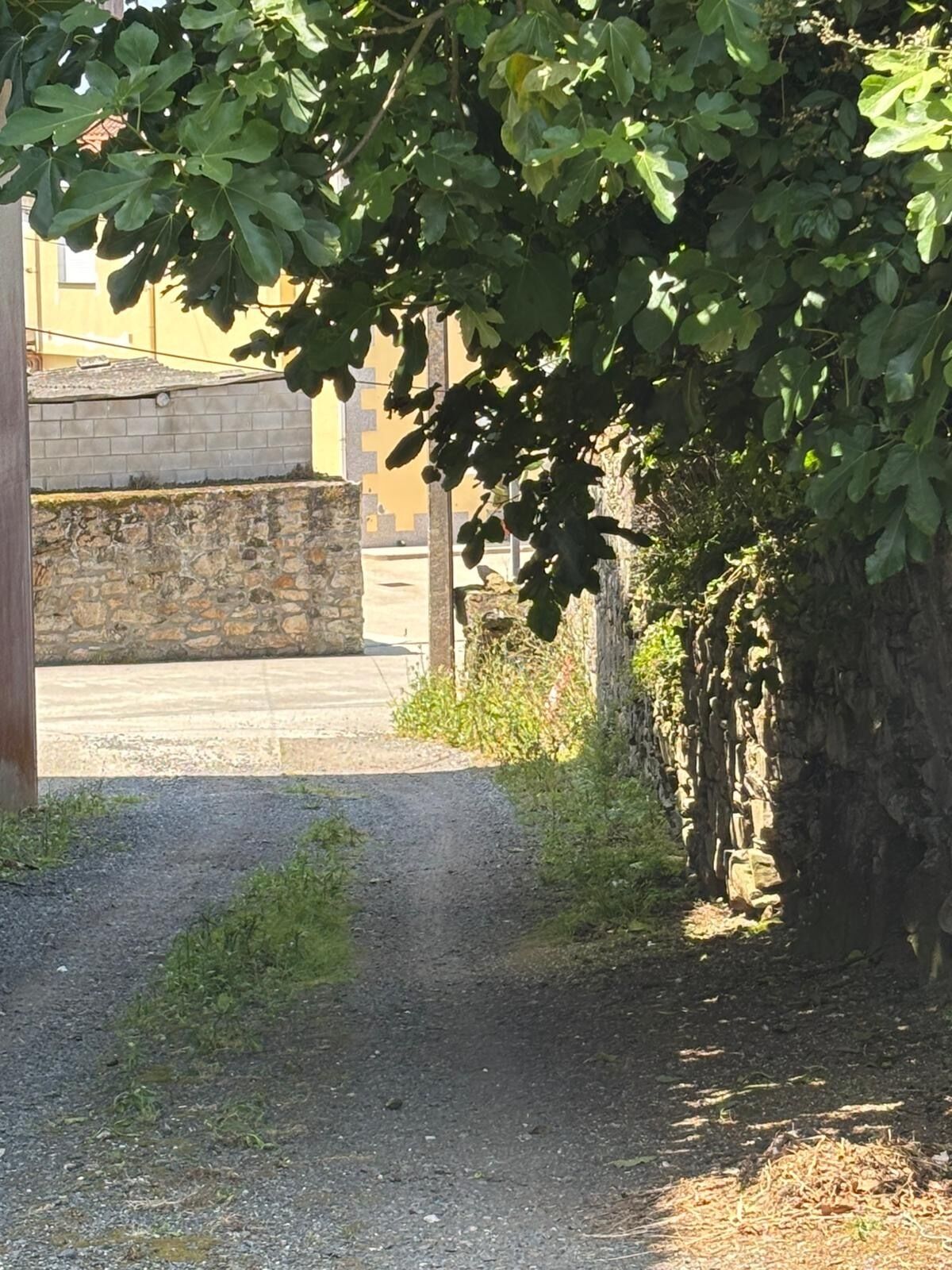 Ein Kiesweg führt zu einer Steinmauer und einem Gebäude mit einer gelben Fassade.