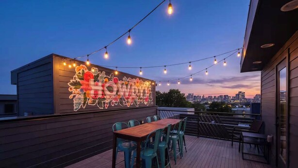 Un espacio para comer al aire libre con luces colgantes y un letrero de neón en un edificio.