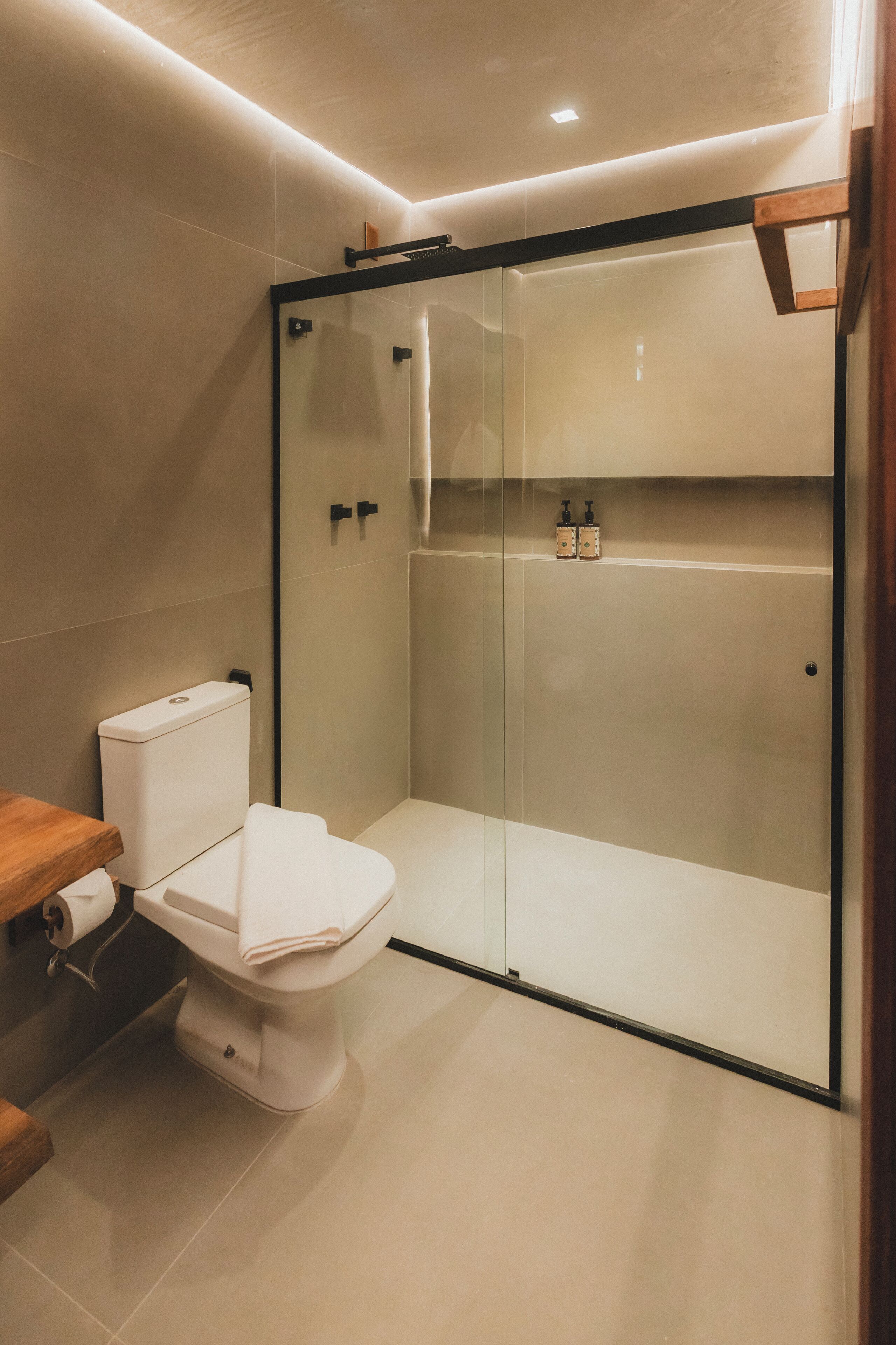 A modern bathroom with a glass-enclosed shower, a toilet, and a wooden vanity.