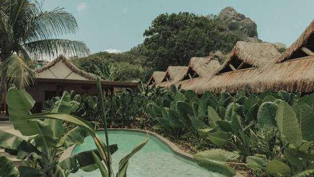Una piscina rodeada de vegetación tropical y construcciones con techo de paja.