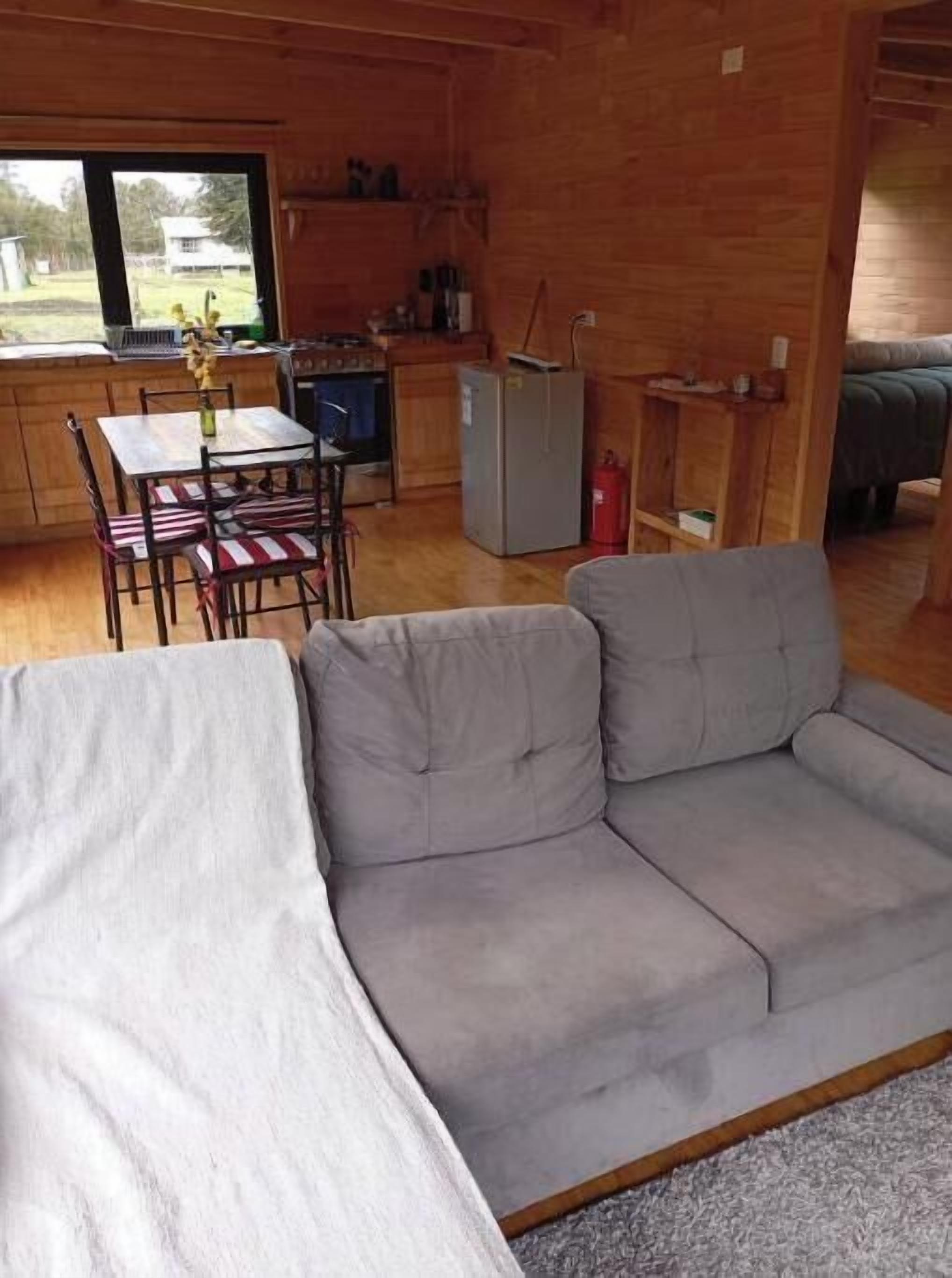 A cozy living room with a grey sofa, a dining table with chairs, and a kitchen area with wooden cabinets and a refrigerator.