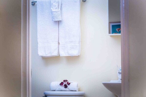 A bathroom with a toilet, a sink, and two white towels hanging on a wall.