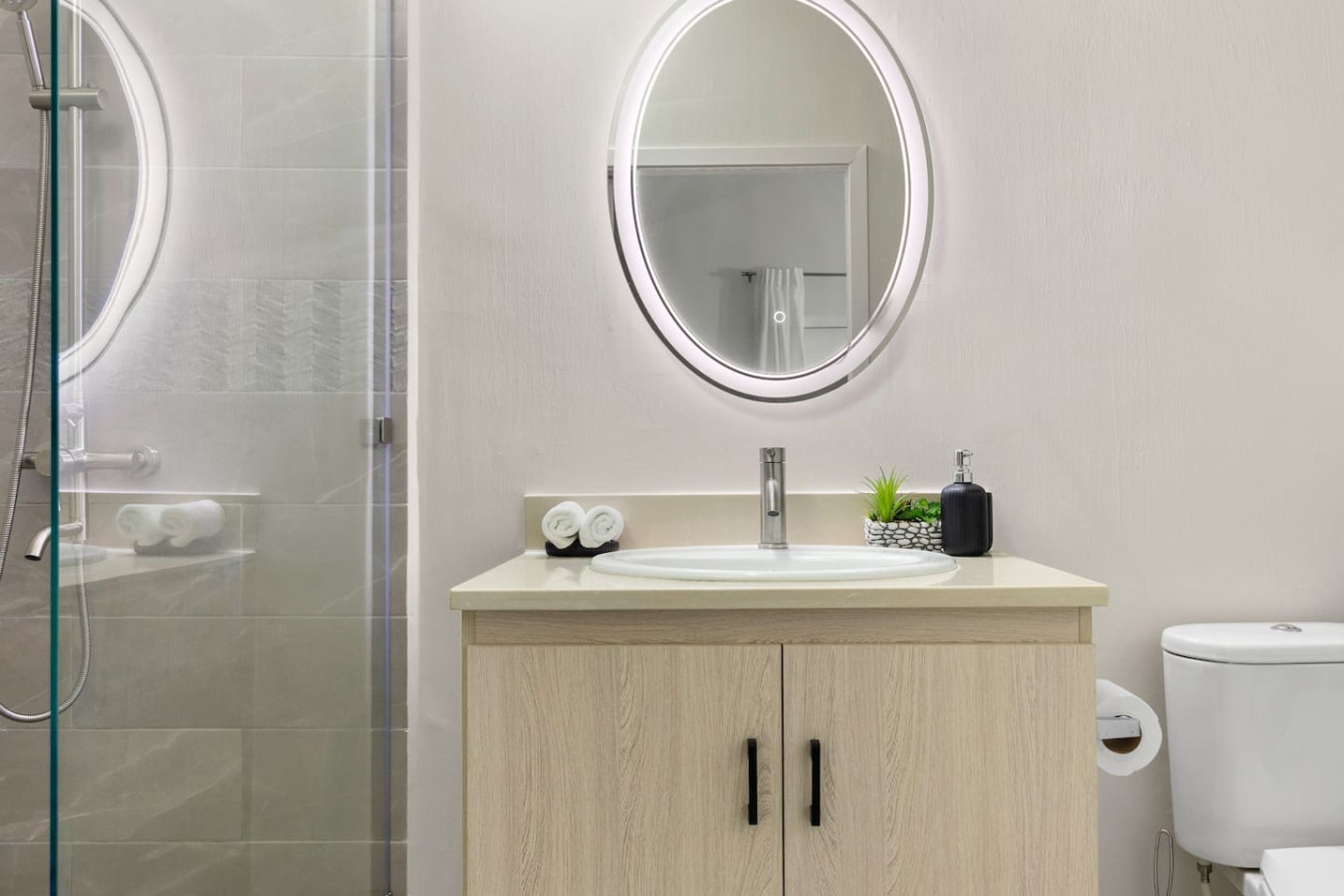 Moderni kylpyhuone, jossa on lasinen suihkuseinä, pyöreä peili, hana, pesuallas, wc ja pieni ruukkukasvi tasolla.