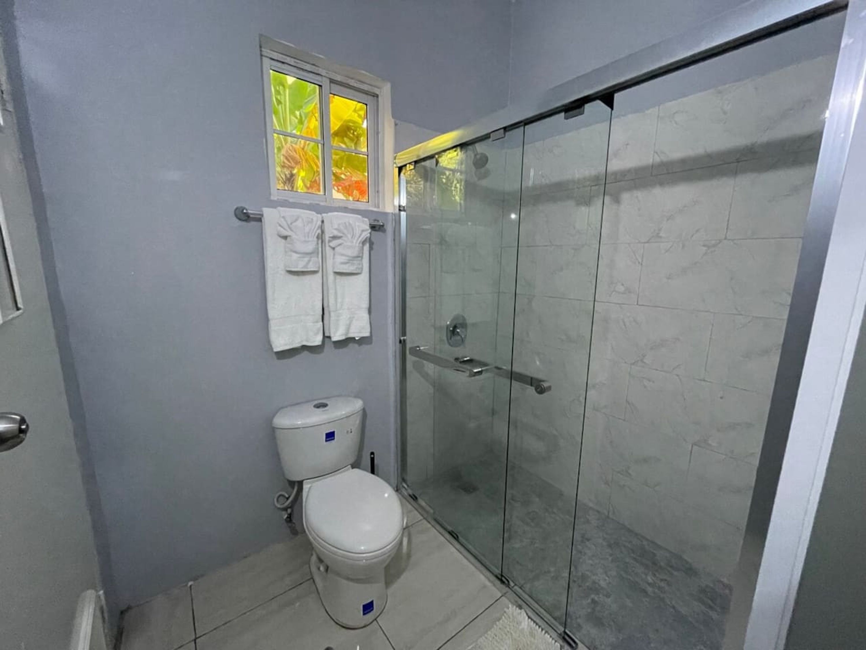 A bathroom with a toilet, a glass shower enclosure, and a window with a view of foliage.