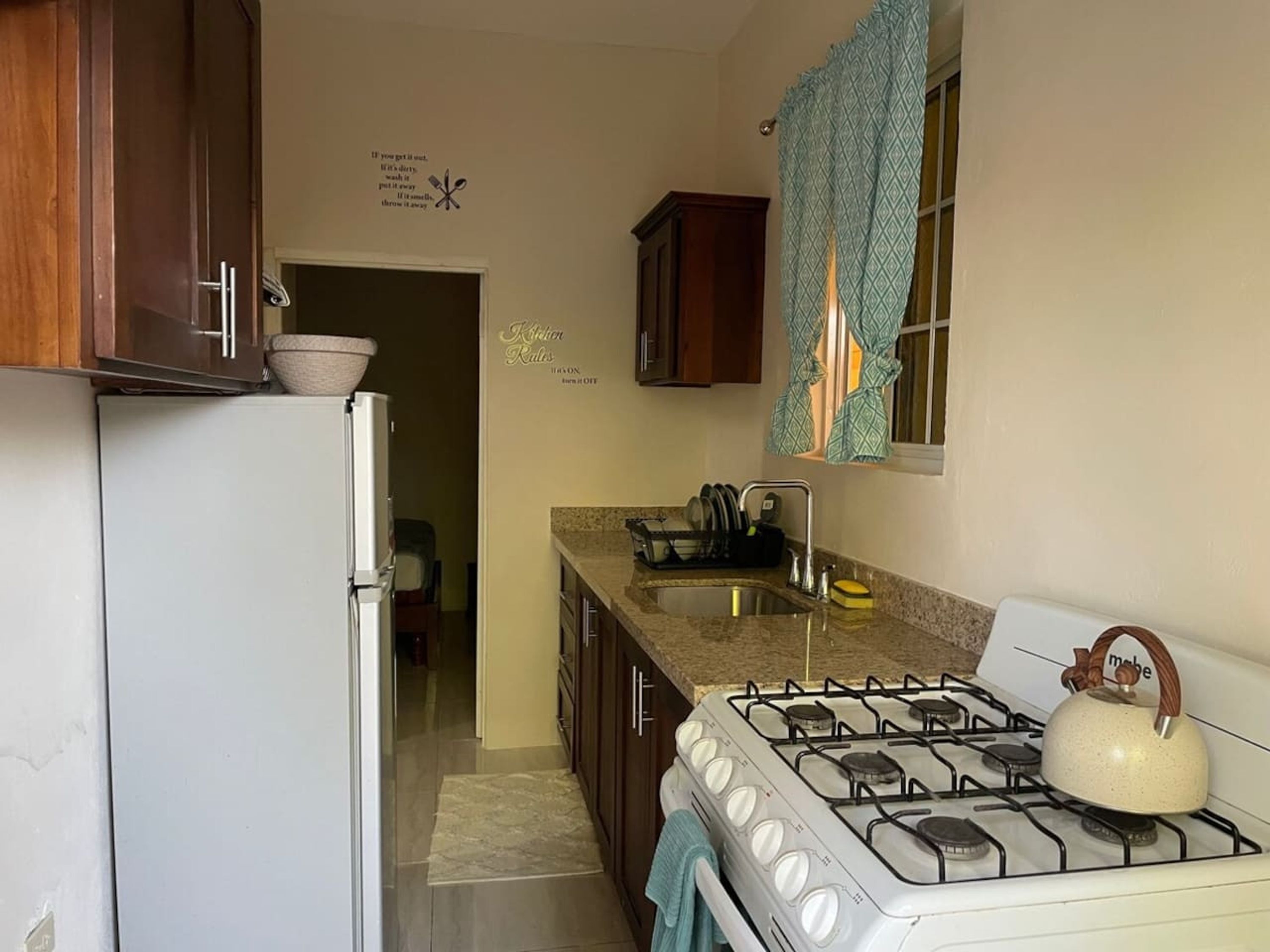 A kitchen with a refrigerator, stove, sink, and wooden cabinets.