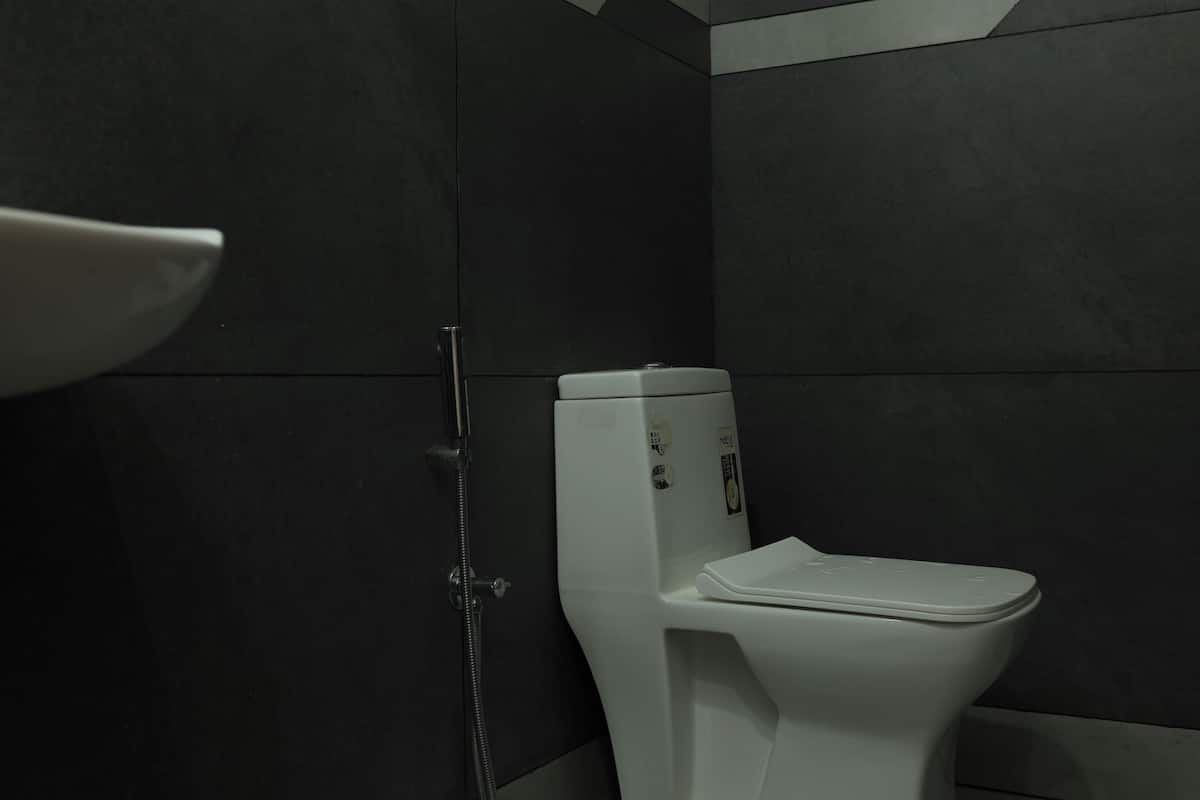 Ein modernes Badezimmer mit Toilette, Dusche und dunkel gefliesten Wänden.
