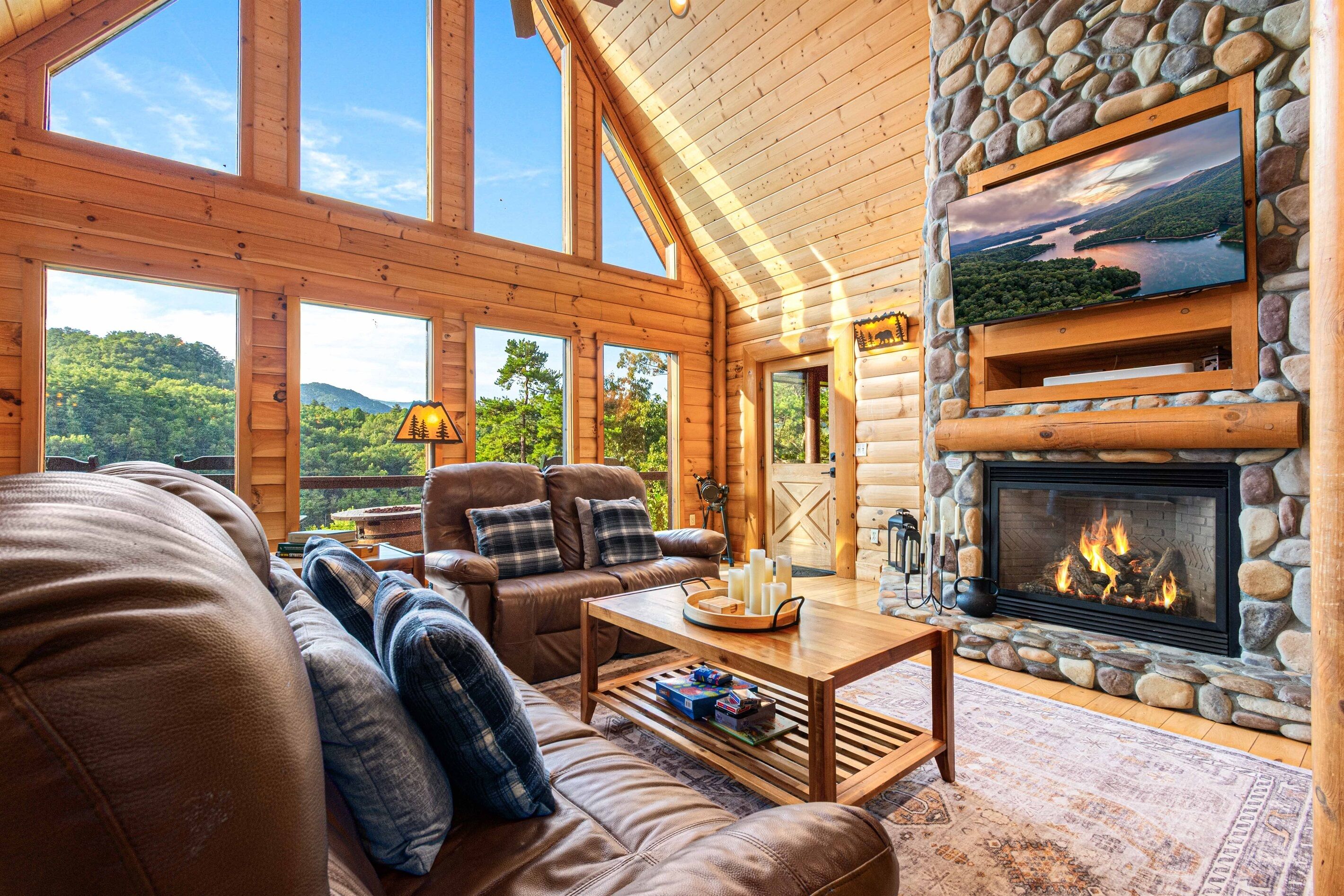 Smart TV, fireplace, video games, DVD player