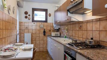 Fridge, oven, stovetop, cookware/dishes/utensils