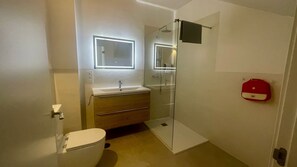 Douche, sèche-cheveux, serviettes fournies, savon