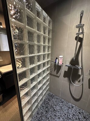 Shower, towels, soap, toilet paper