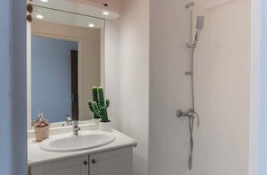 Shower, hair dryer, towels