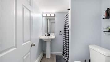Hair dryer, towels, soap, toilet paper