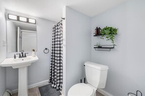 Hair dryer, towels, soap, toilet paper