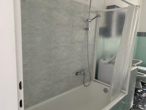 Hair dryer, bidet, towels, toilet paper