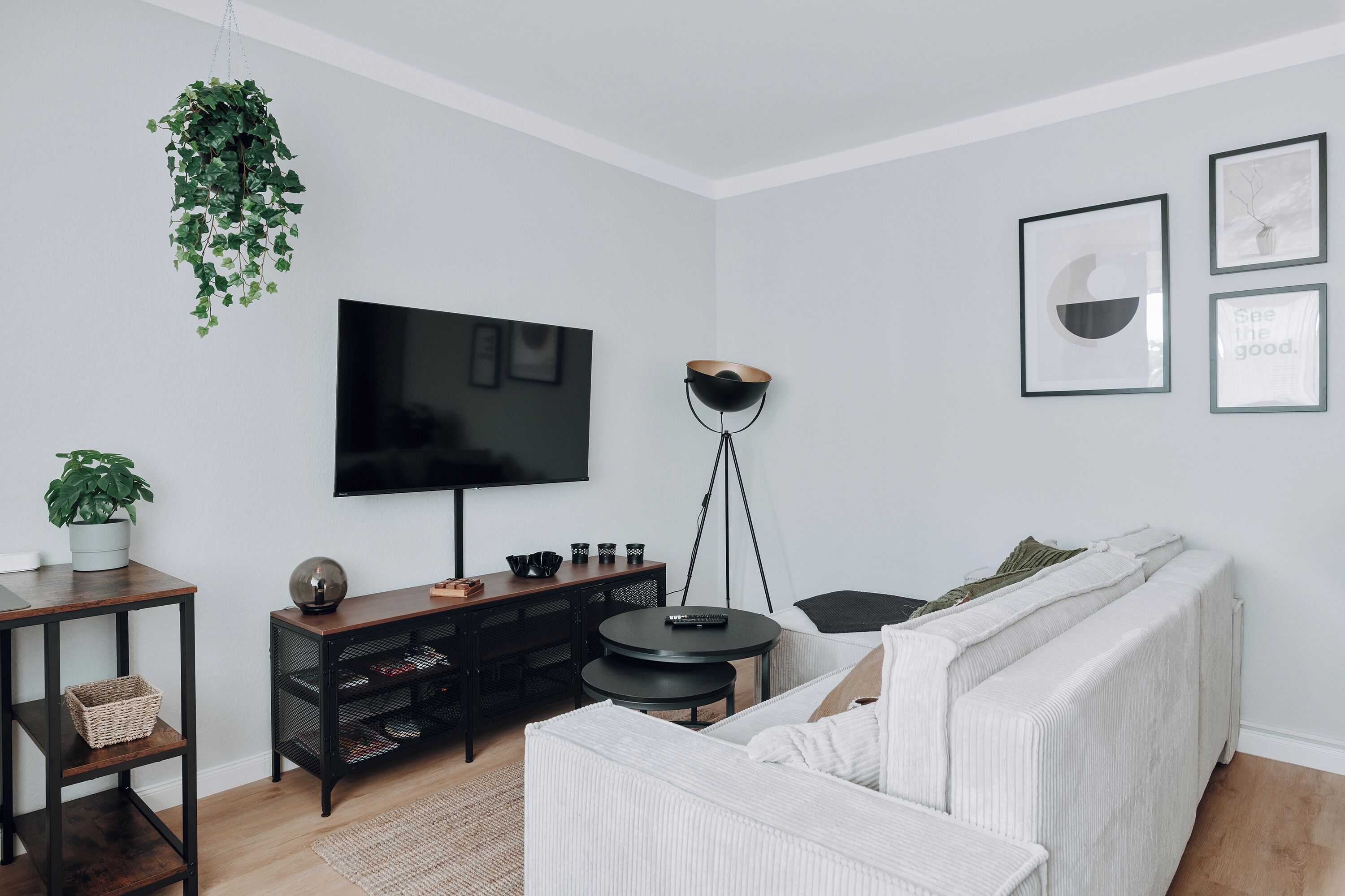 Un salon moderne avec un canapé blanc, un téléviseur, une table basse noire et une plante suspendue.