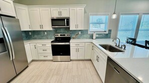 A modern kitchen with white cabinetry, stainless steel appliances, and a large window with blinds.