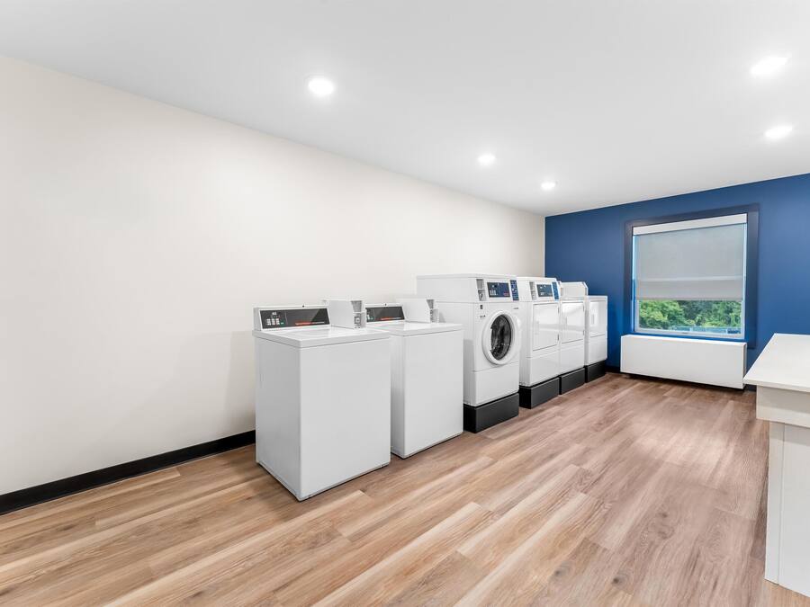 A laundry room with white appliances, a window with a view, and a blue accent wall.