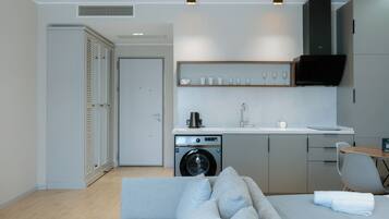 A modern kitchen with a washing machine, a dining area with a table and chairs, and a living room with a sofa.