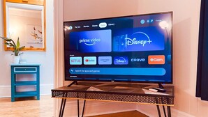 Et fladskærms-tv på et stativ, der viser forskellige streamingtjenester.
