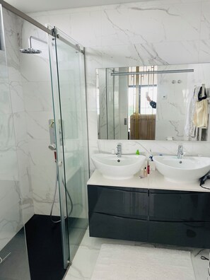 Chuveiro, secador de cabelo, sabonete, papel higiênico