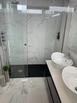 Douche, séchoir à cheveux, savon, papier de toilette