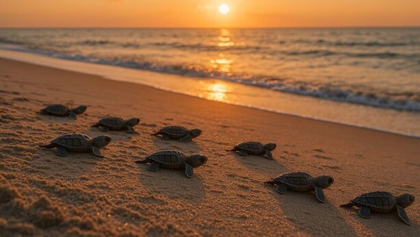 A beach scene with several sea turtles on the sand during sunset.