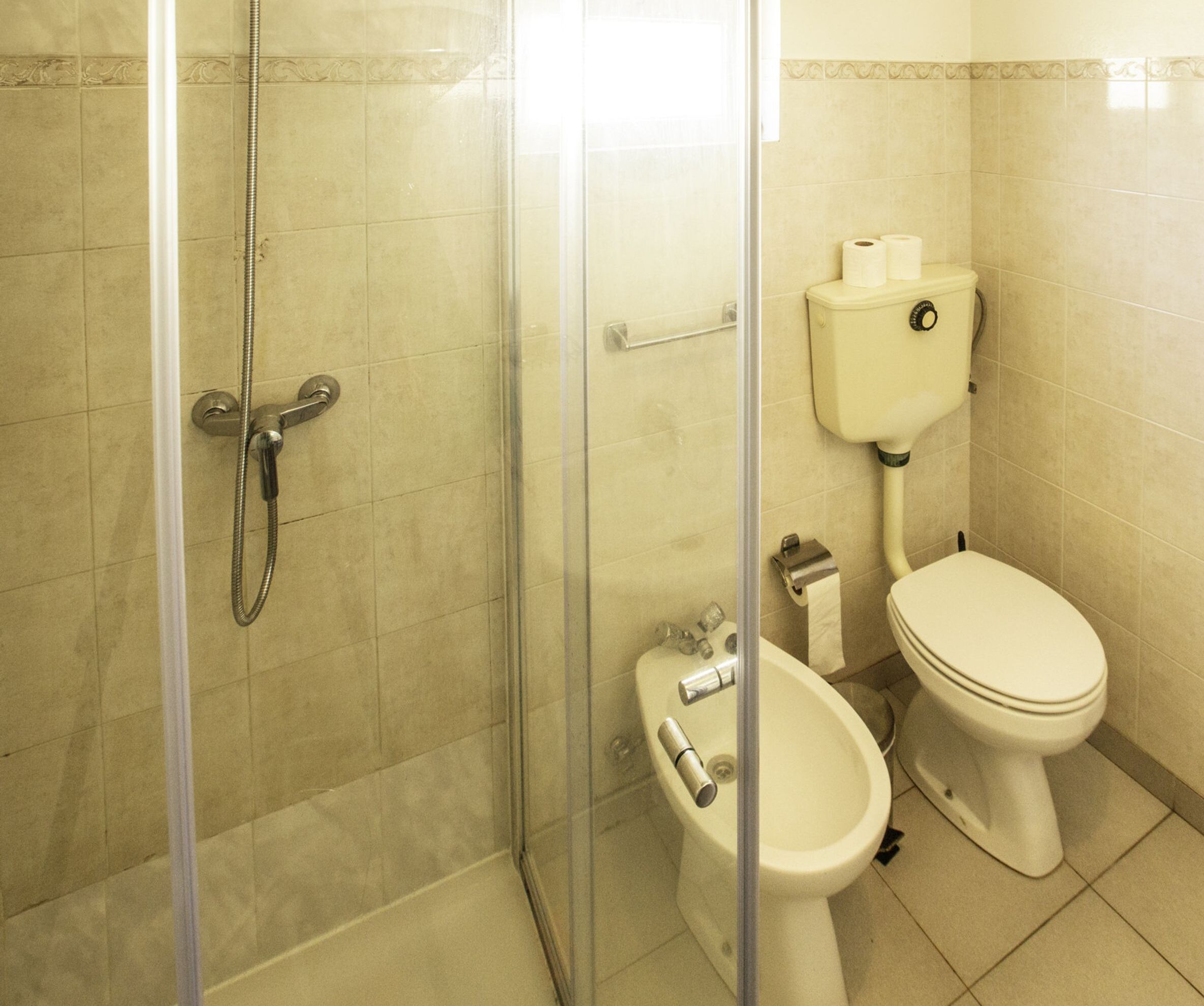 A bathroom with a glass-enclosed shower, a toilet, and a bidet.