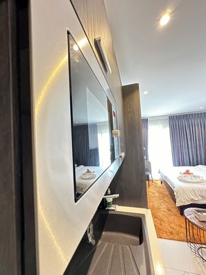 Studio Suite | Desk, blackout drapes, soundproofing, iron/ironing board