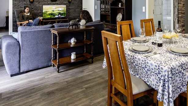 Un salon moderne avec un canapé gris, un téléviseur et un meuble décoratif.