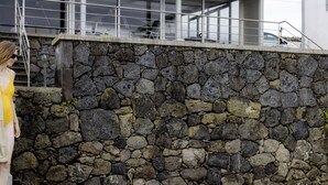 Une personne se tient à côté d’un mur de pierre surmonté d’une rambarde métallique.