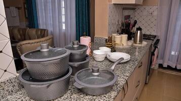 Family Apartment | Private kitchen | Fridge, microwave, cookware/dishes/utensils