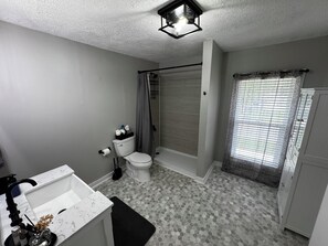 Ducha, bañera de hidromasaje, secador de pelo, toallas