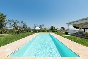 Seasonal outdoor pool, pool umbrellas, pool loungers