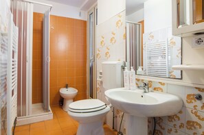 Shower, hair dryer, bidet, towels