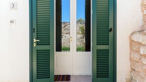 Eine Doppeltür mit grünen Fensterläden, einer Fußmatte und einer Steinwand.
