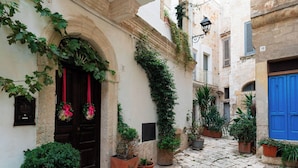 Une ruelle étroite pavée, bordée de bâtiments des deux côtés, dont certains sont ornés de plantes en pot et présentent une porte bleue.