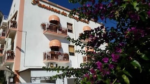 Um edifício de vários andares com varandas, um letreiro com a inscrição 'Seminario de la Rioja' e algumas plantas floridas em primeiro plano.