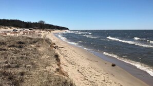 A beach with a sandy shore and waves.