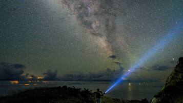 Una persona de pie en la playa bajo un cielo estrellado con la Vía Láctea visible y un rayo de luz.