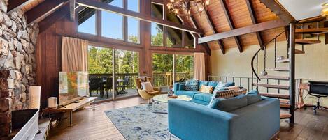 Smart TV, fireplace, foosball, books