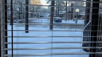 A window with blinds, a view of a snowy landscape with trees and a street.