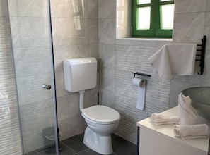 Chuveiro, secador de cabelo, toalhas de banho 
