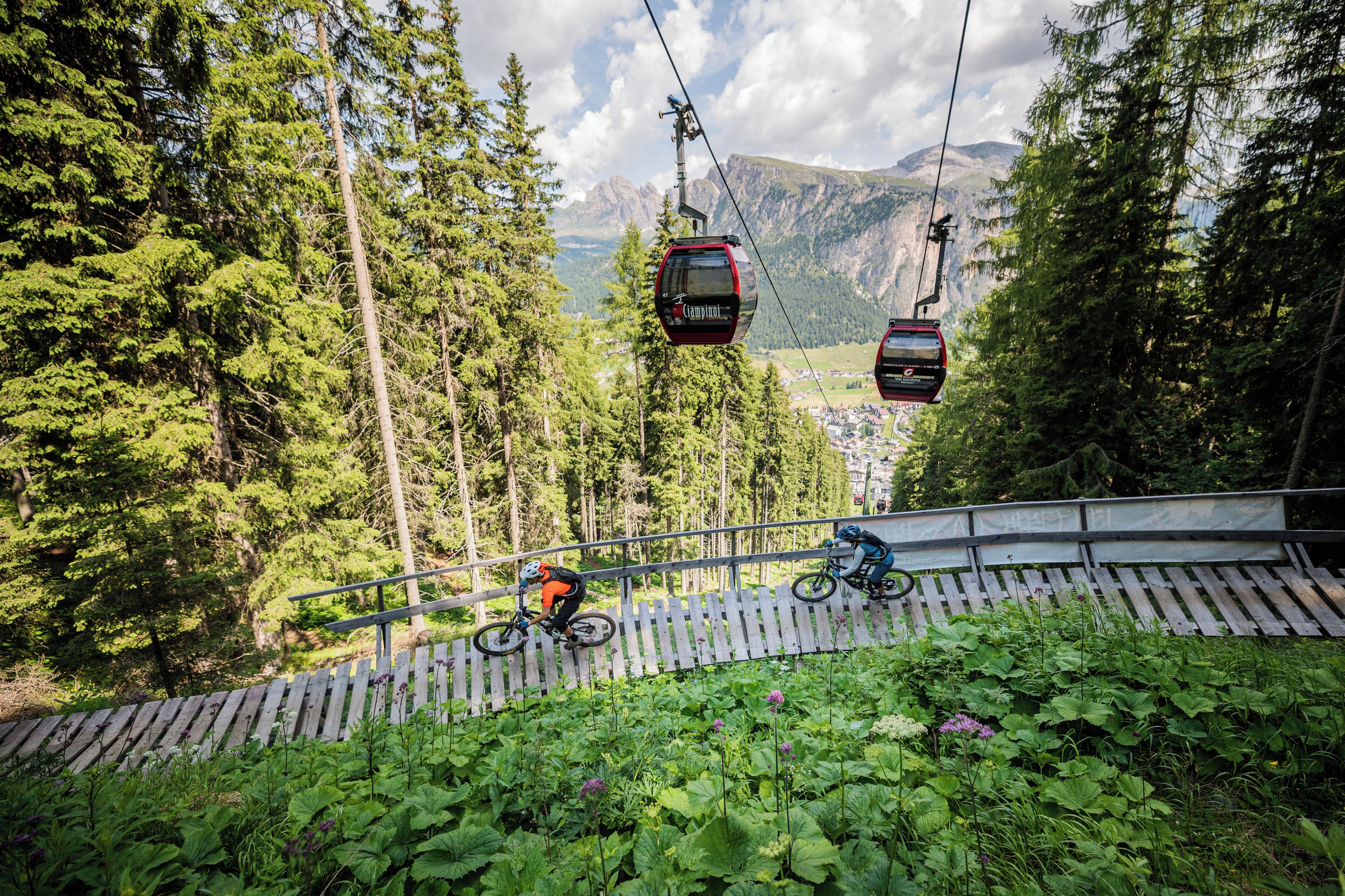 A mountain bike trail with a wooden fence and lush greenery.